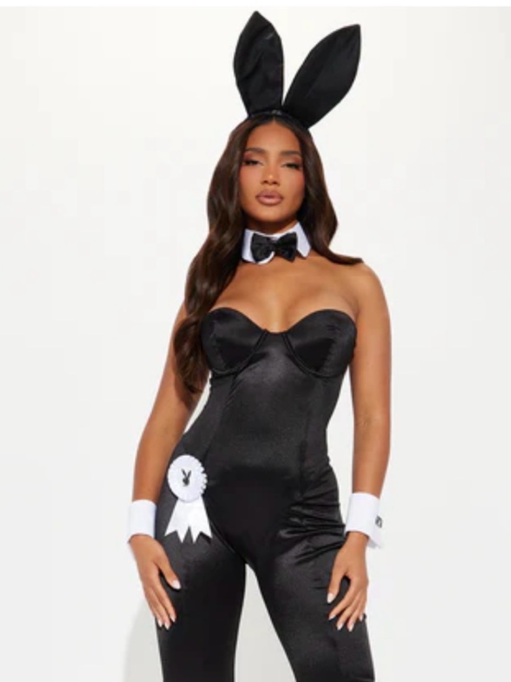 PLAYBOY Black Strapless Bunny Satin Jumpsuit with Accessories Sz L (TXA985) - Picture 2 of 7